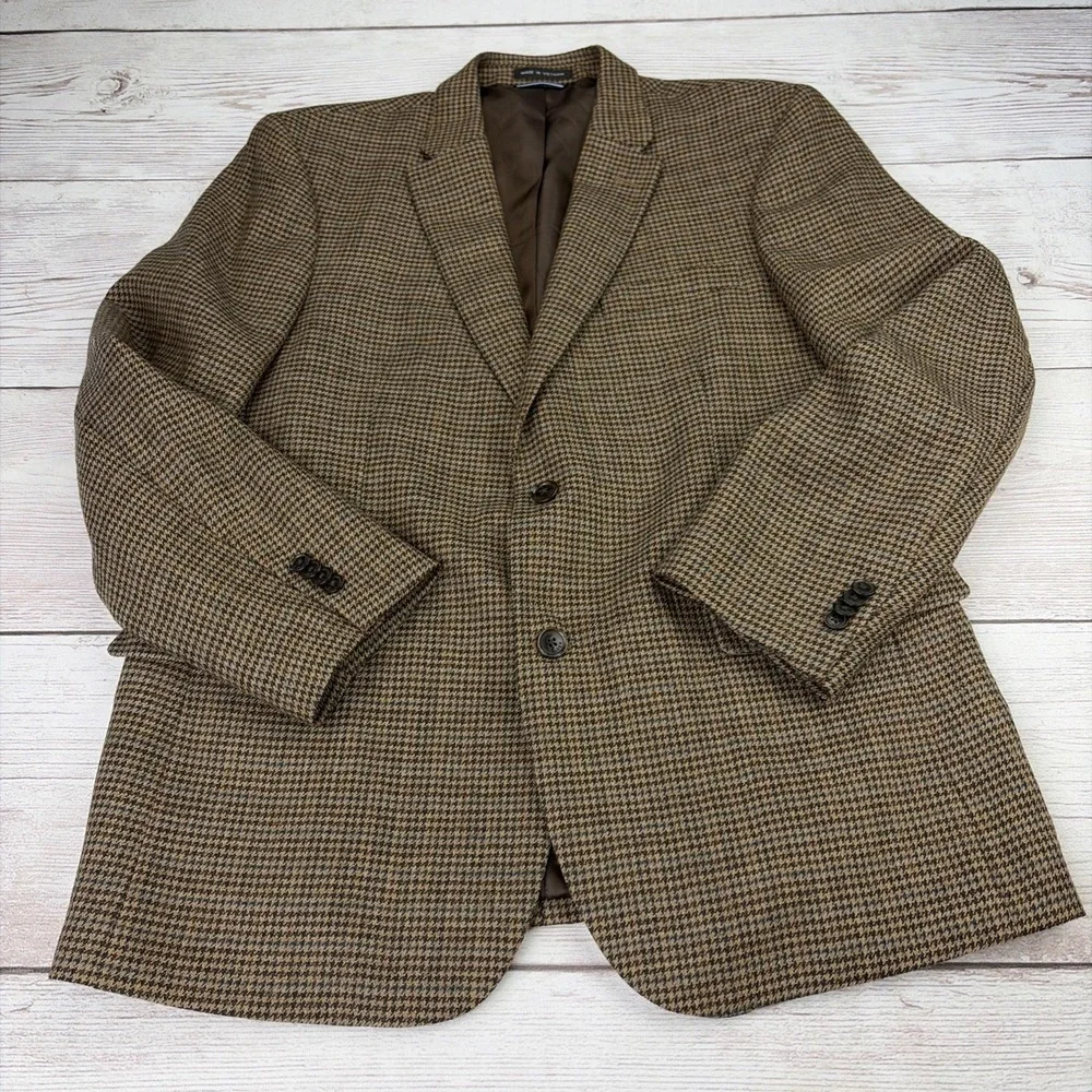 Tommy Hilfiger Men's 42R Brown Houndstooth Wool Blazer Coat Heritage Academia